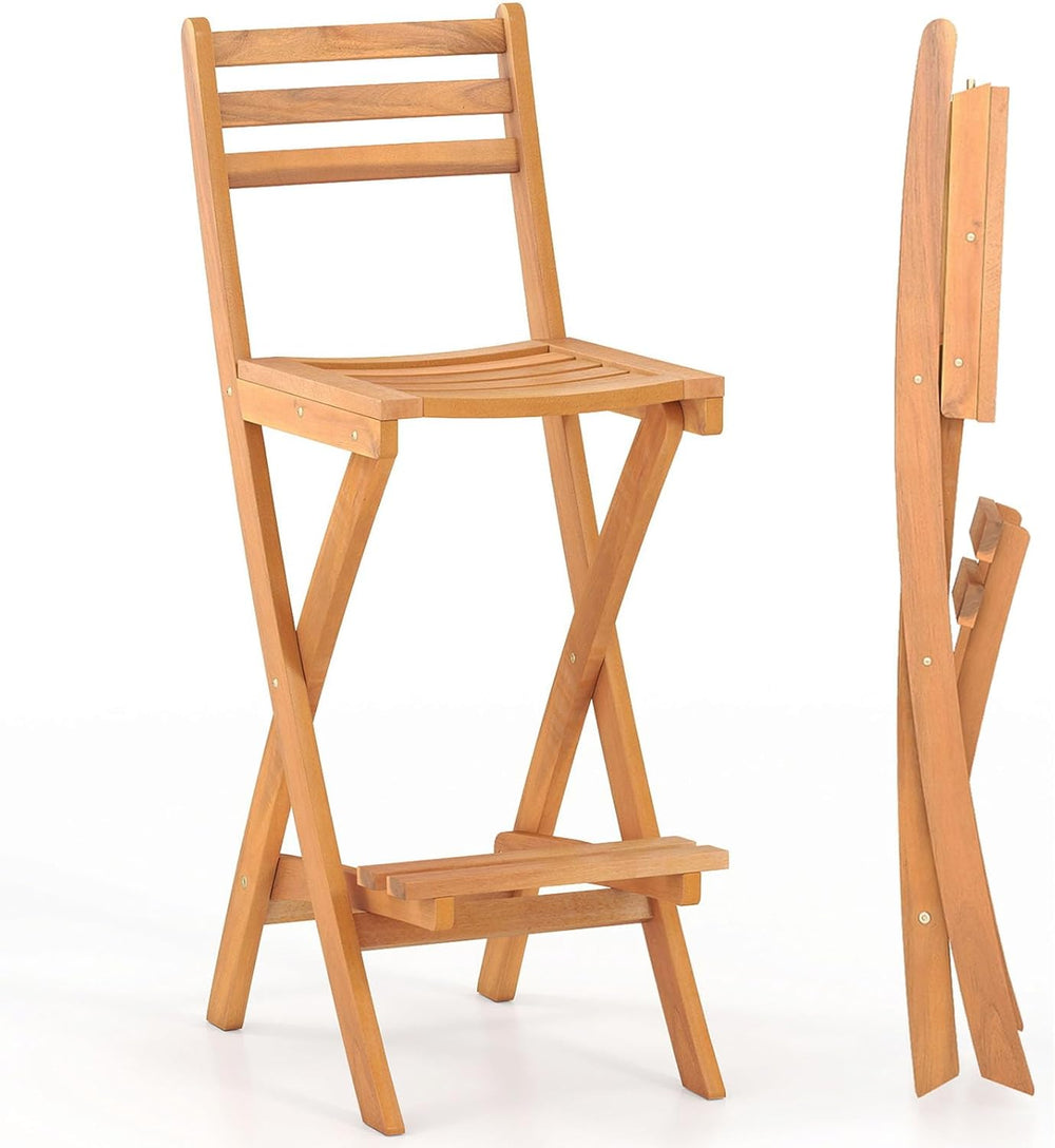 COSTWAY Outdoor Folding Bar Stool, Acacia Wood High Top Chairs with Slatted B...