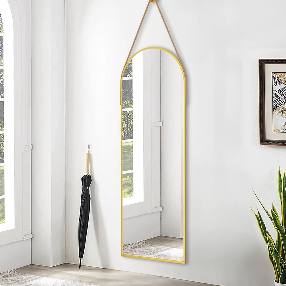 Dewfig 48"x16" Arched Full Length Mirror, Wall Mirror, Leather Stra...
