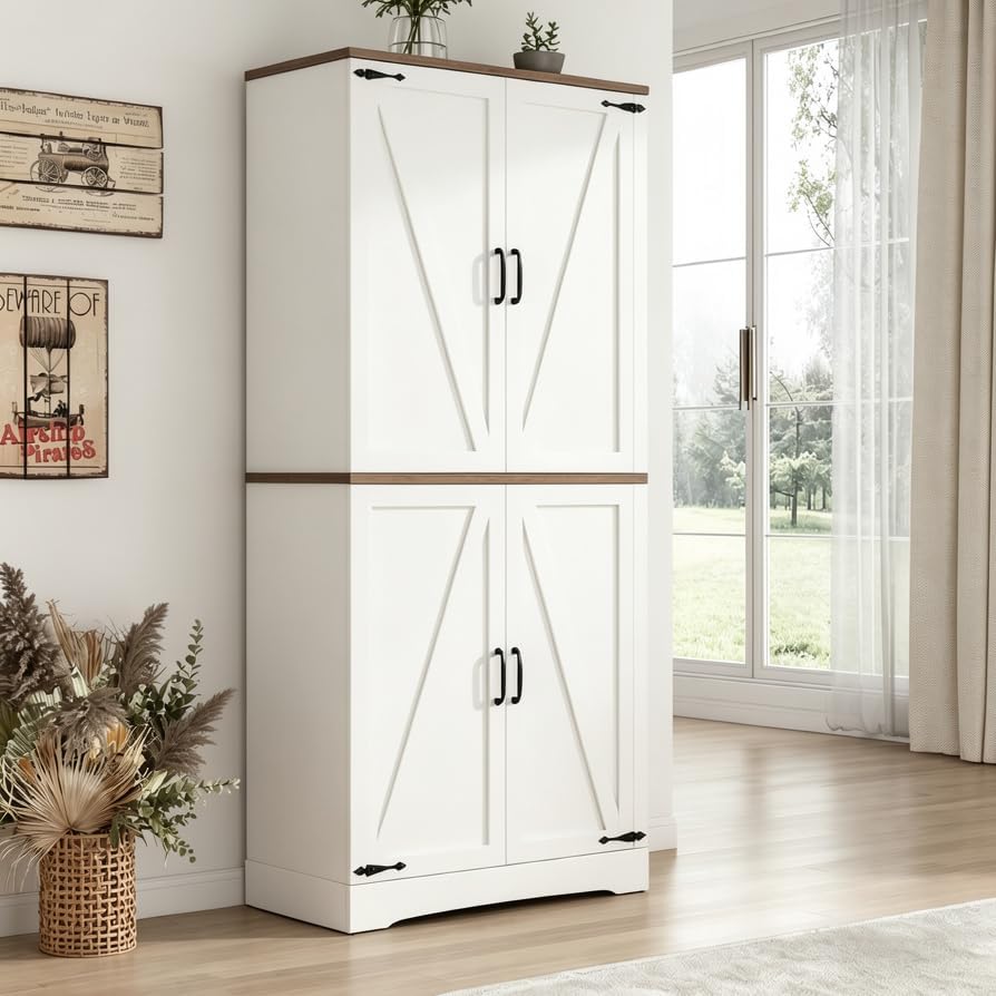 CypherX 75” Farmhouse Storage Cabinet, Large Kitchen Pantry Storage Cabinet w...