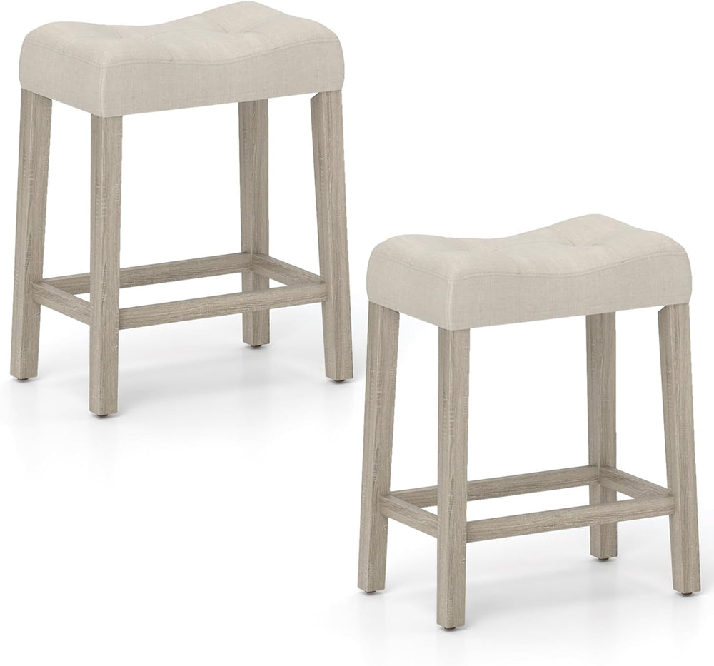 COSTWAY Wooden Saddle Stools Set of 2, 24-inch Counter Height Upholstered Bac...