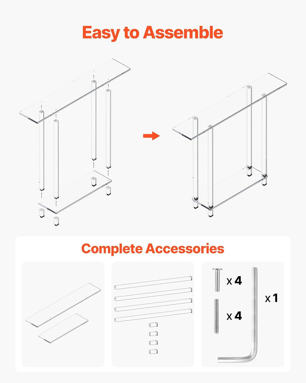 VEVOR Acrylic Narrow Console Table for Entryway, Clear Skinny Entry Side Tabl...