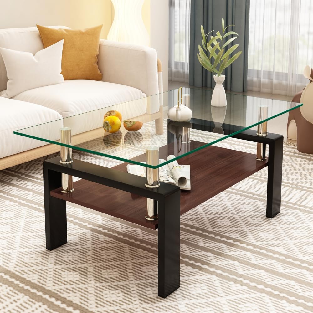 Rectangle Coffee Table, Tempered Glass Tabletop with MDF Layer, Modern Table ...
