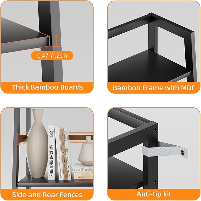 HITNET Ladder Shelf Black, 4-Tier Bookshelf, Freestanding Bathroom Storage Ra...