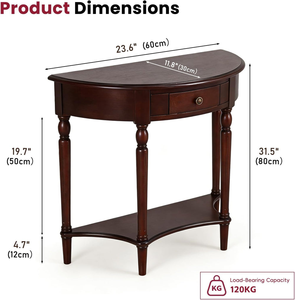 Solid Wood Console Table with Drawer and Shelf,Half Moon Porch Table,Semi Cir...
