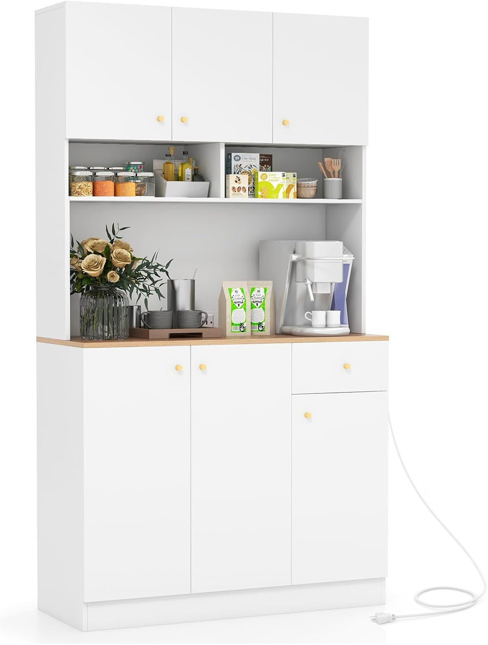 71" Tall Kitchen Hutch, Modern Pantry Storage Cabinet with Power Outlets...