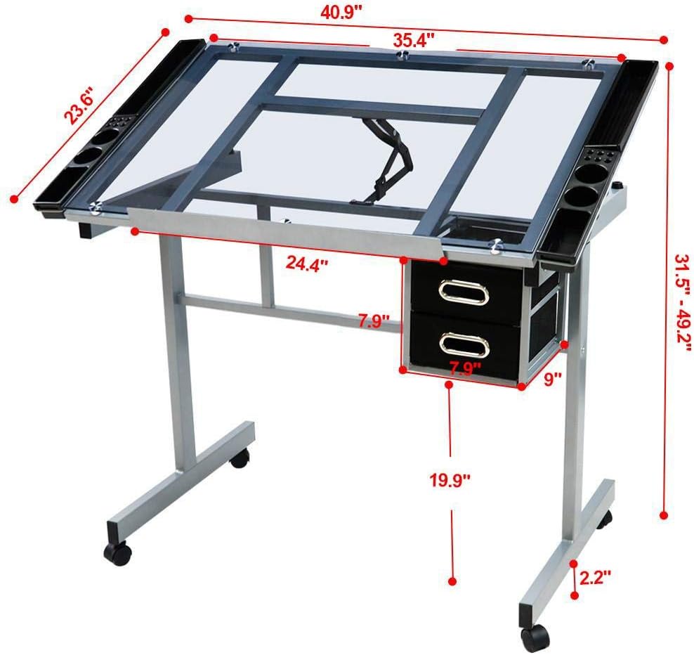 Yaheetech Glass Drafting Table with Storage, Adjustable Art Drawing Desk | Te...