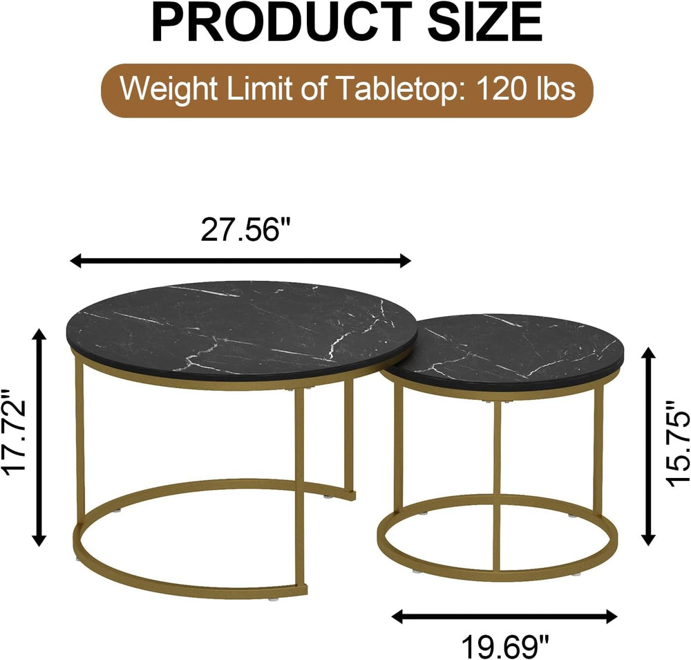 Nesting Coffee Table Set of 2, Wooden Marble Top (Black+Gold) | Nesting Table...