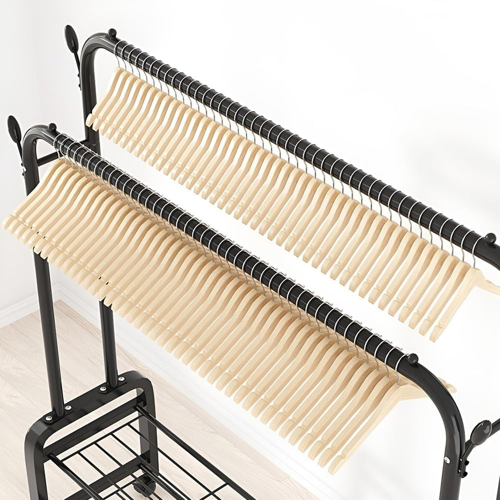 Double Rail Wardrobe nizer - 2-Tier Stora Shelf with 4 Hoo & Wheels - Ver...