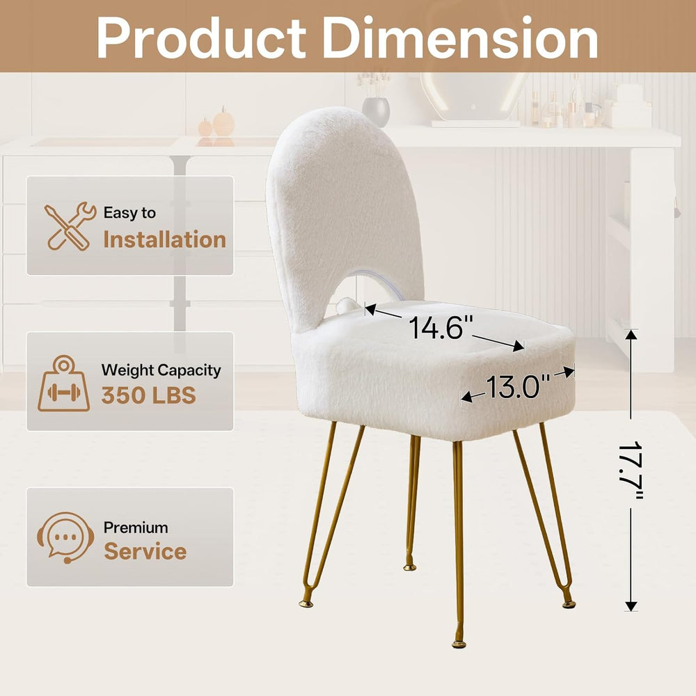 Gitrah White Vanity Chair with Storage, Folding Back Faux Fur Vanity Stool, M...