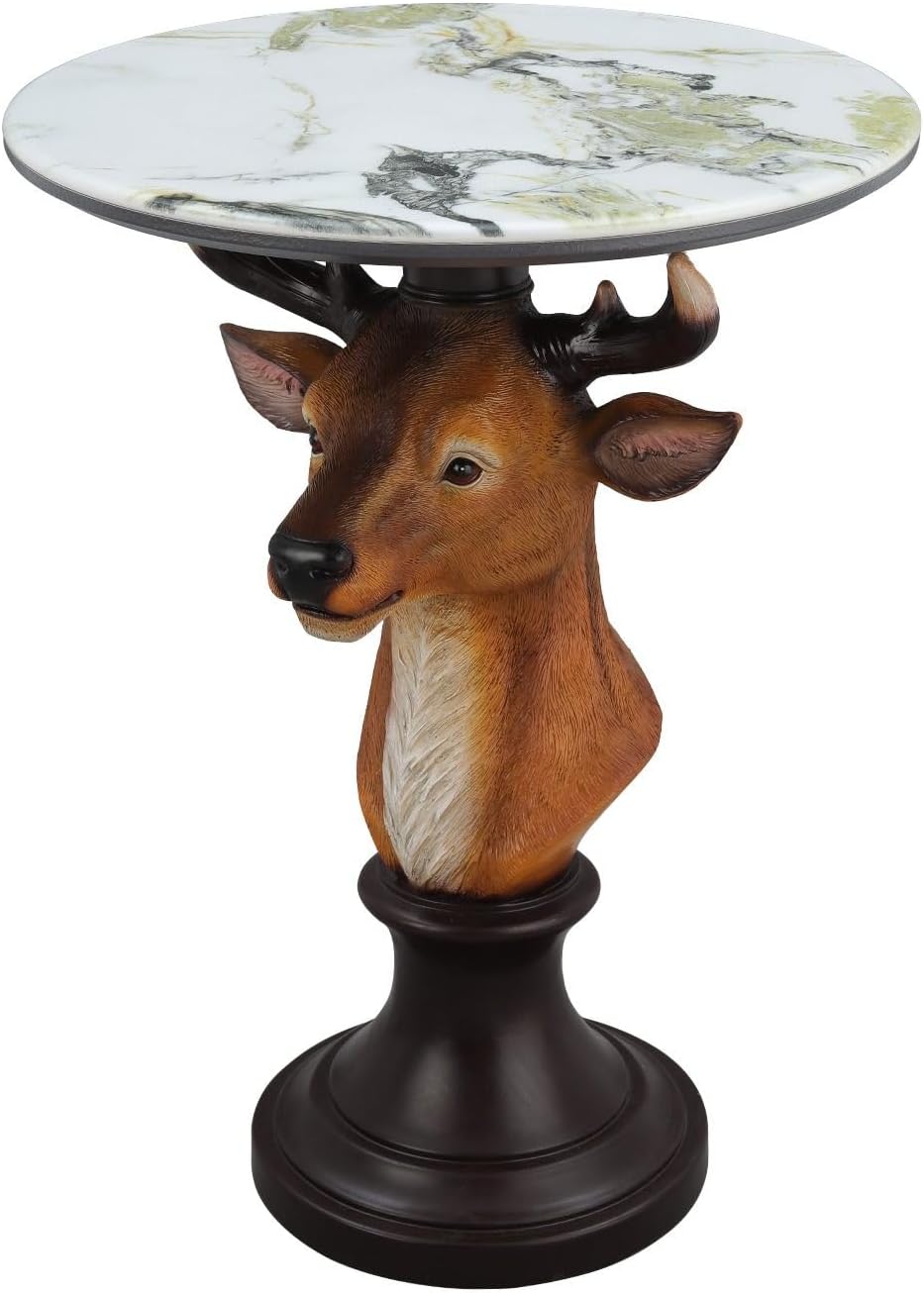 Deer Head Accent Table with Faux Marble Top, 25.59" Resin Animal Statue ...