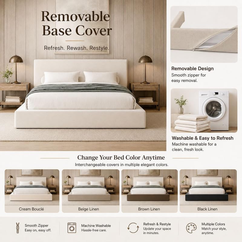 Square Bed – Washable Cover - Soft Upholstered Linen - Minimalist Modern - So...