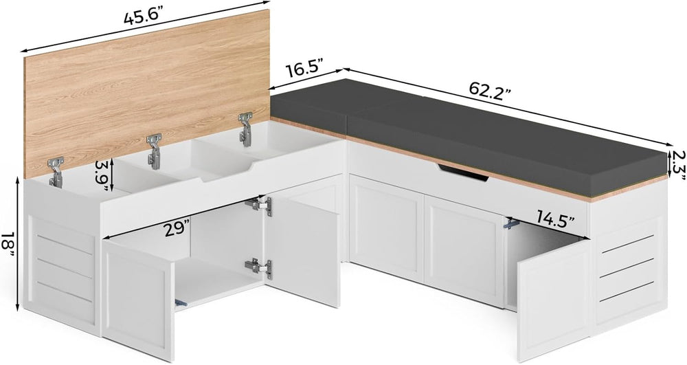 Kikihouse L-Shaped Corner Storage Bench with Cushion, Backless Wood Bench wit...