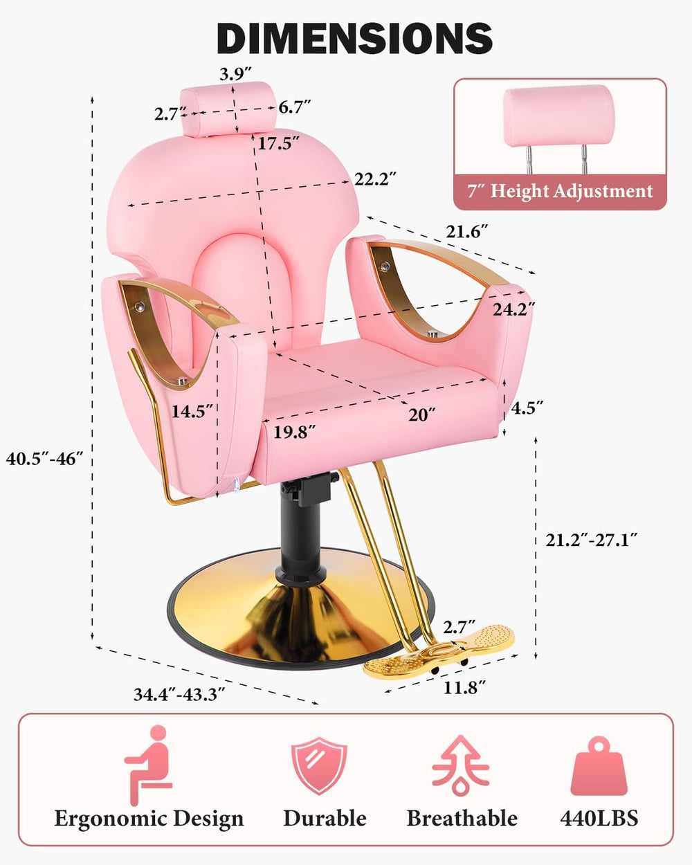 Salon Barber Chair for Hair Stylist, Pink Reclining Hair Styling Chair with W...