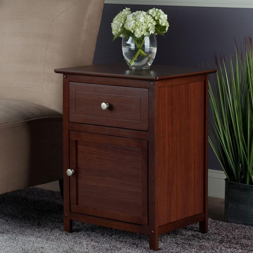 Wood Eugene Accent Table Walnut Finish Compact Side Table with Drawer and Cab...
