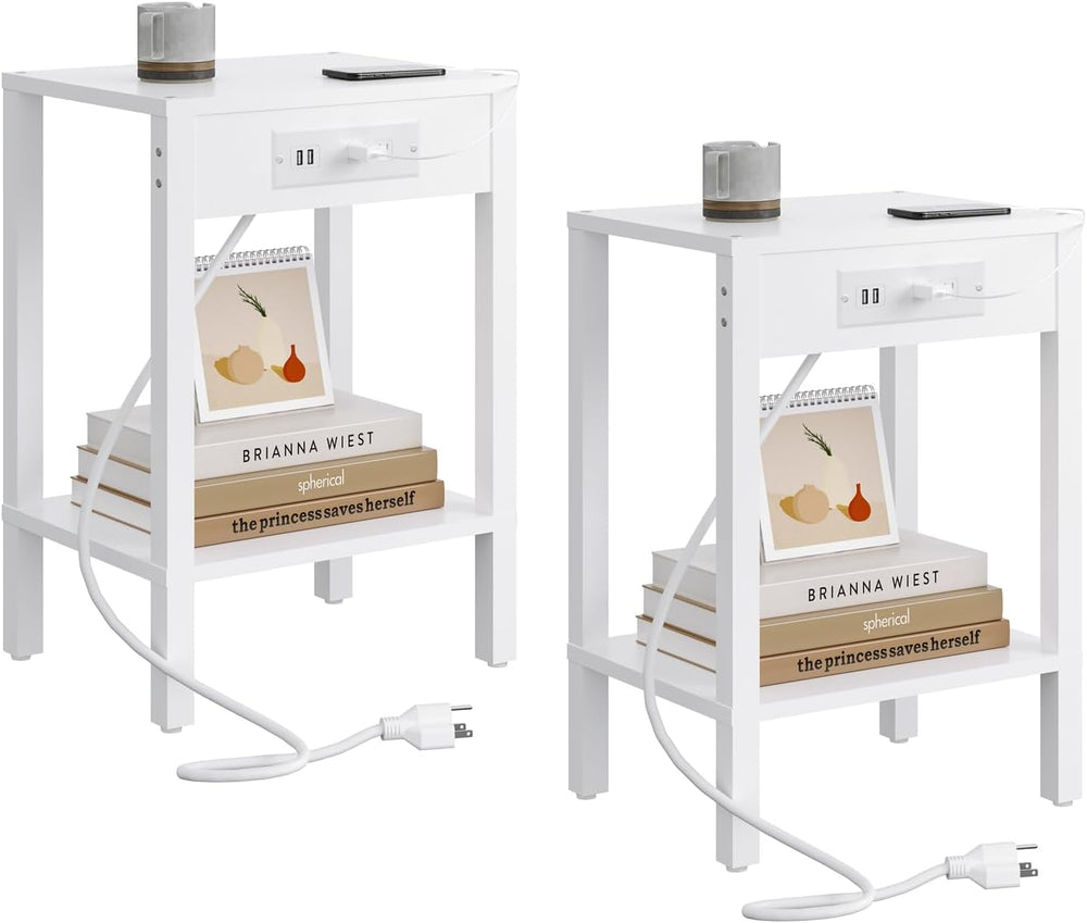 MMEOLUOOK End Table with Charging Station, Sofa Side Table Set of 2, 2-Tier S...
