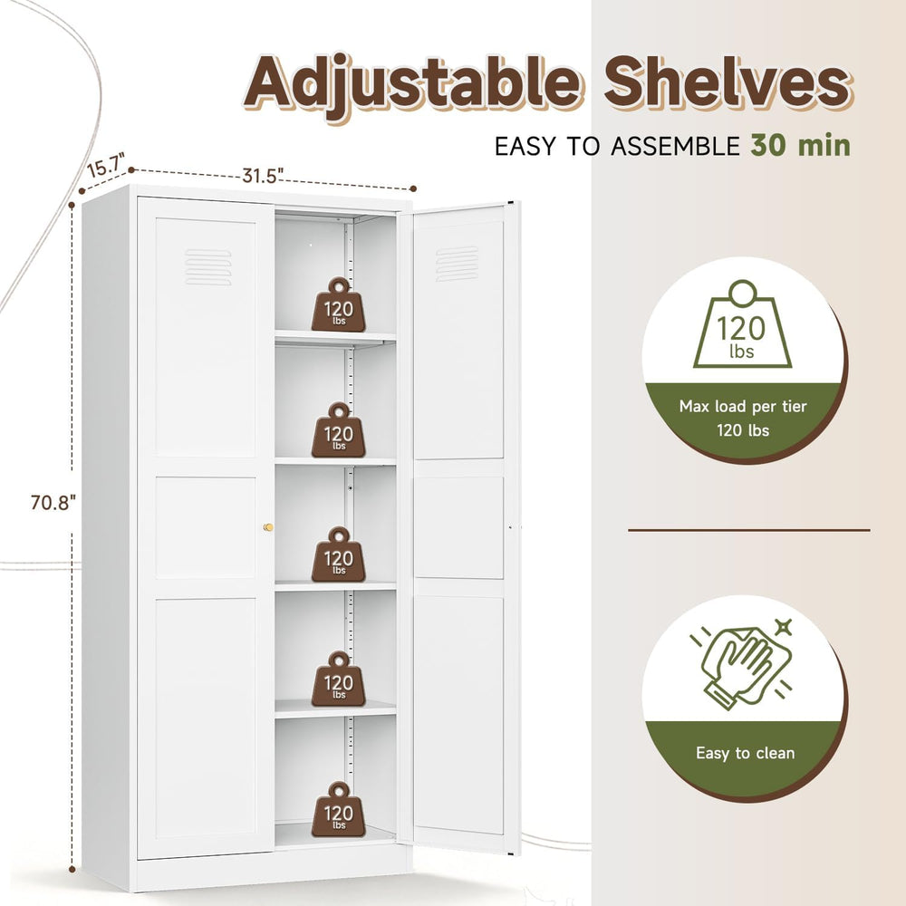 Letaya White Storage Cabinet with Adjustable Shelves-Metal Home Kitchen Pantr...