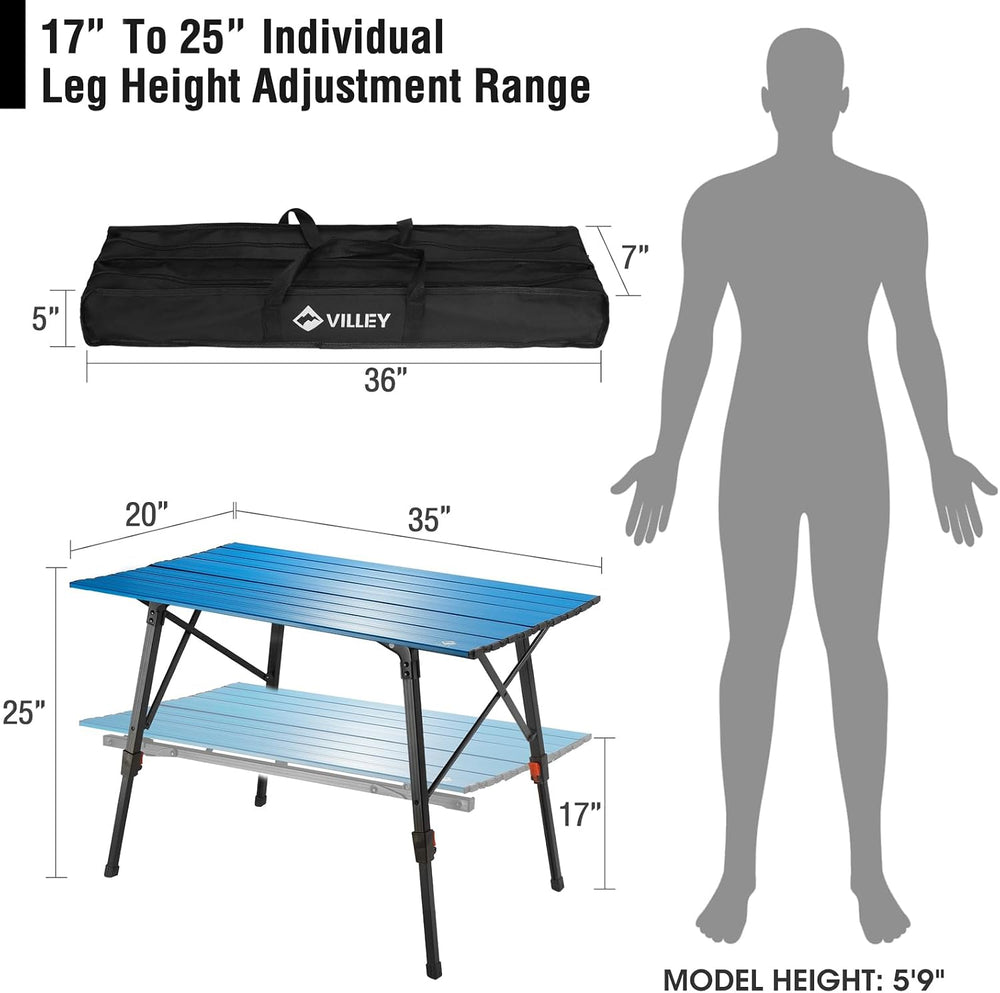 VILLEY Portable Camping Table with Adjustable Legs, Aluminum Folding Table