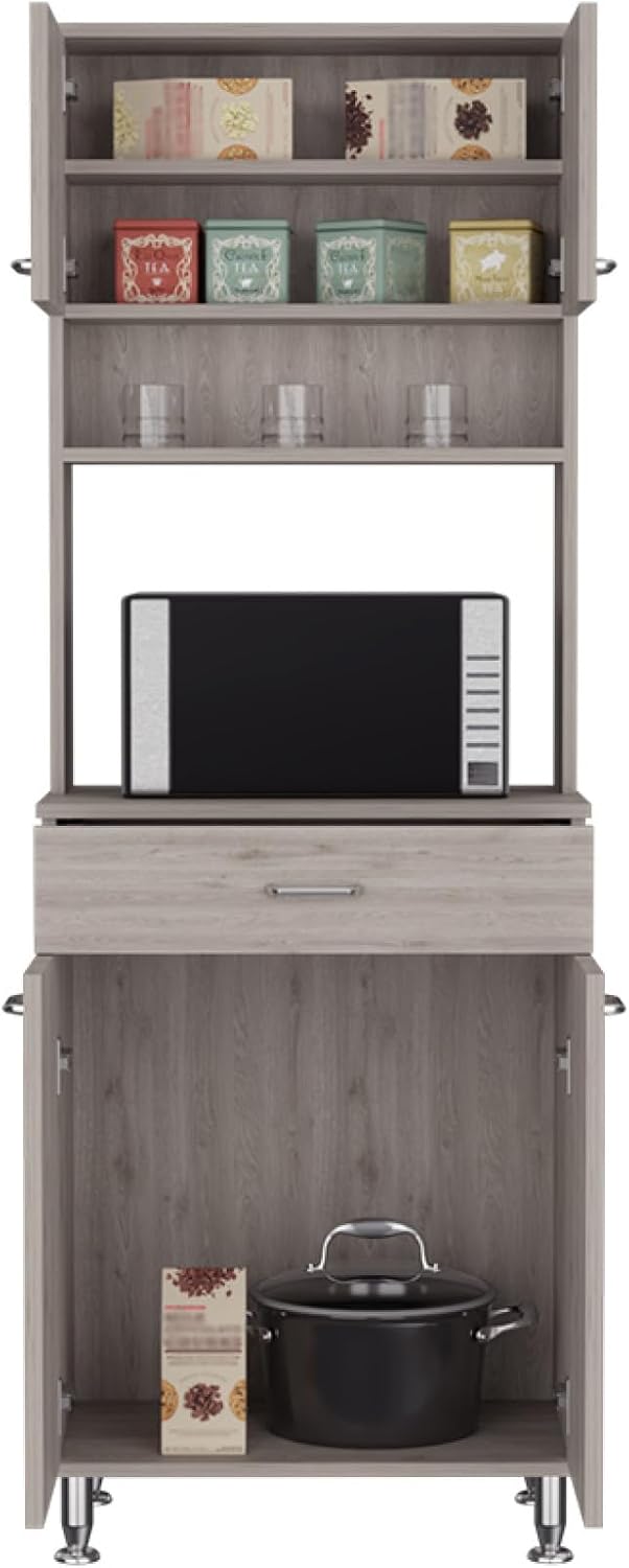 Della 60 Kitchen Pantry with Countertop, Closed & Open Storage -Light Gray