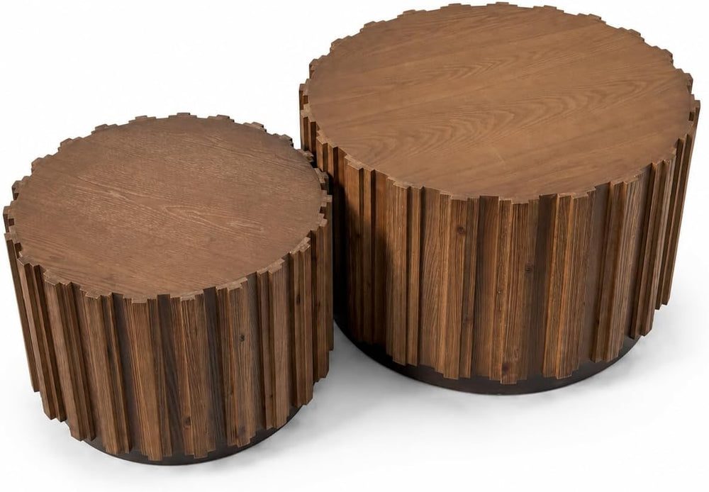 SSLine Fluted Round Nesting Coffee Table Set of 2, Mid-Century Wooden Drum Co...