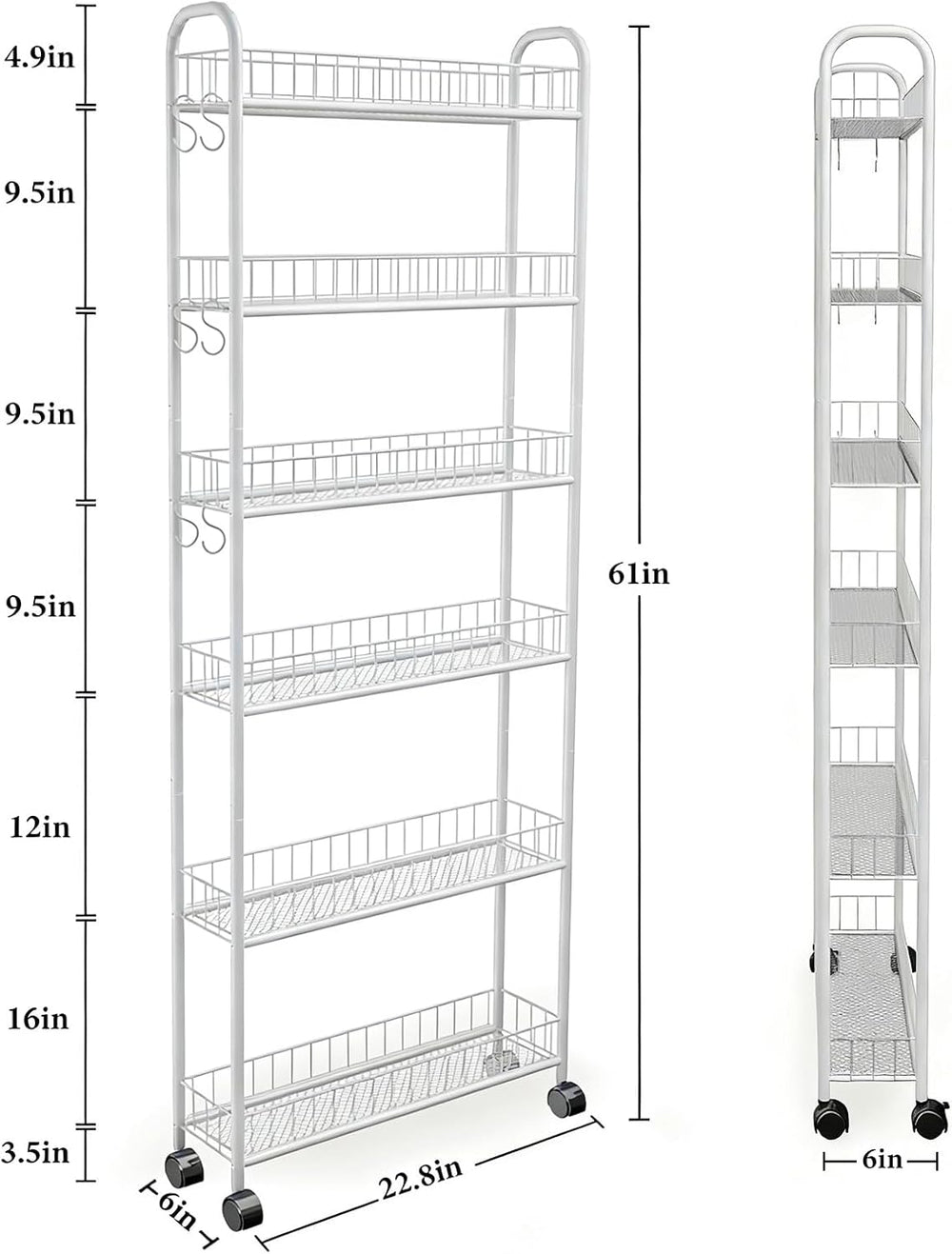 6in 6 Tier Slim Rolling Storage Cart with Wheels, White