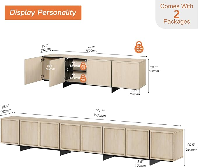 WAMPAT Modern TV Stand for 32-110 inch TVs, Wood Entertainment Center with St...