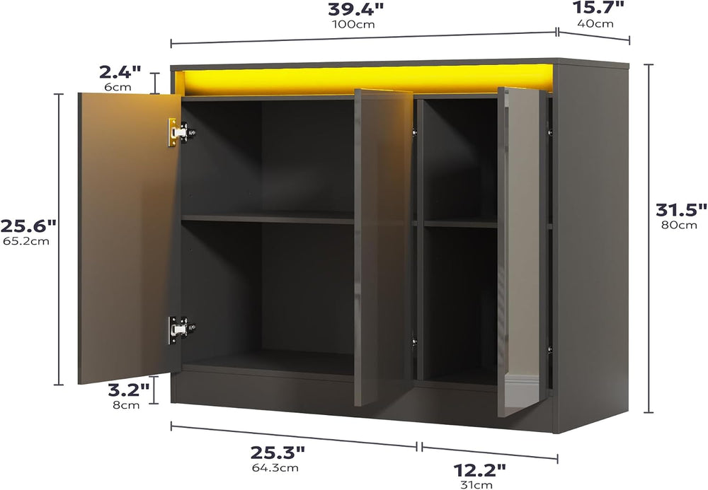 Furnify High Gloss Buffet Cabinet with LED Lights, Modern Sideboard Coffee Ba...