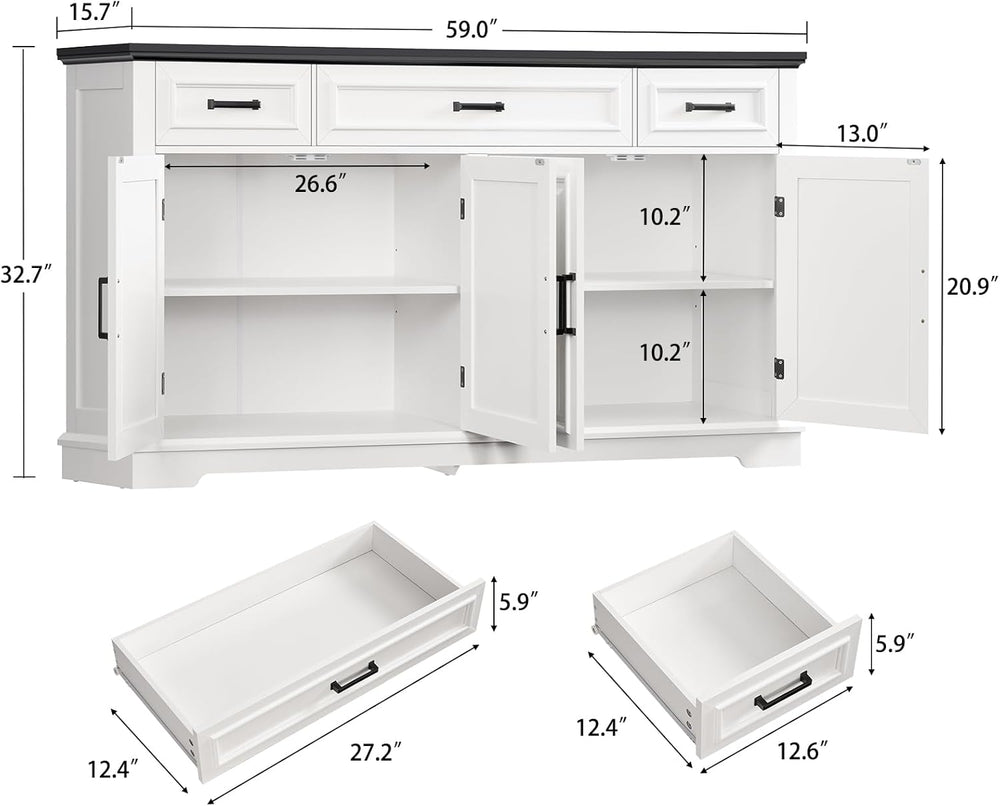 usikey 59” Large Buffet Cabinet with 4 Doors and 3 Drawers, Buffet Sideboard ...