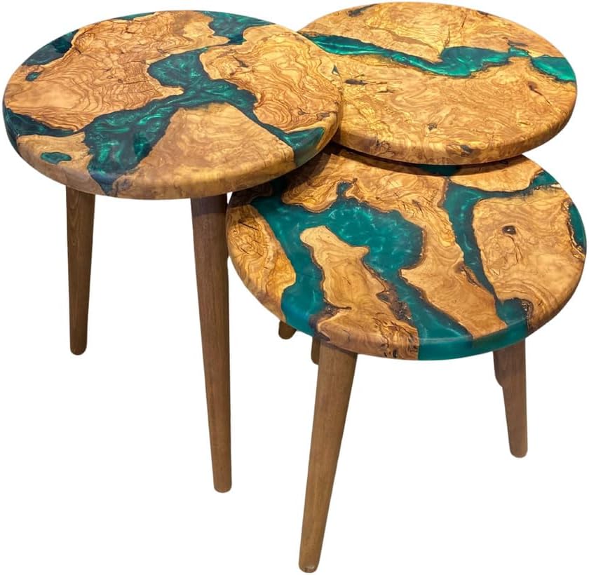3-Piece Round Nesting Side Table Set 15.7 in Diameter | Olive Wood & Gree...