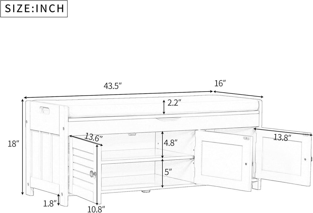 Storage Bench with 3 Shutter-Shaped Doors, Wood Shoe Bench with Removable Cus...