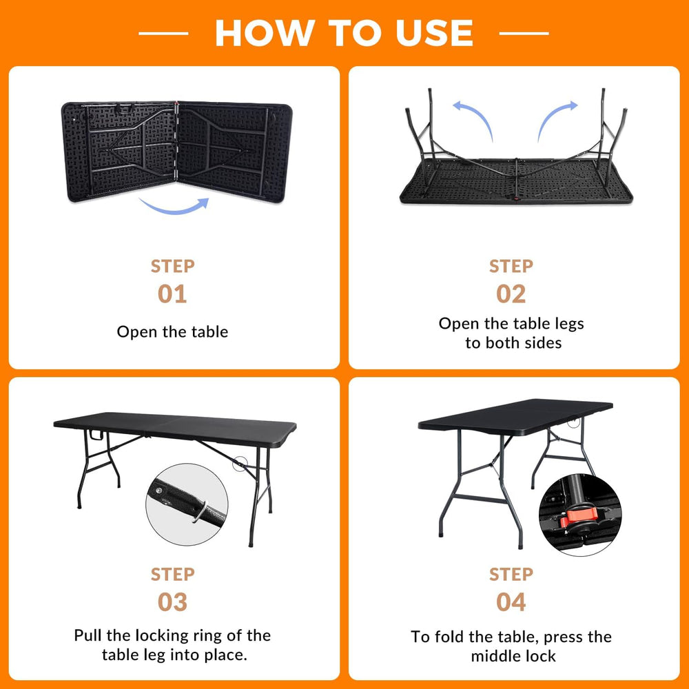 6FT Folding Table, Fold in Half Heavy Duty Plastic Utility Table with Carryin...