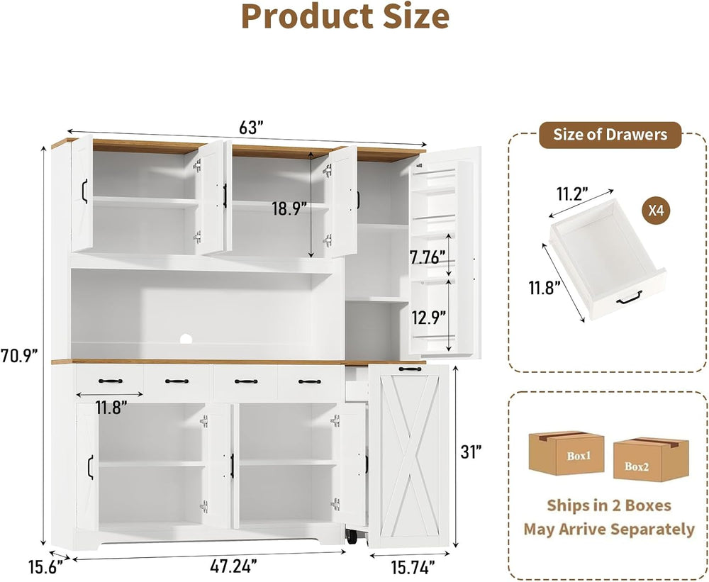 70.9" Tall Farmhouse Pantry Cabinet with Pull-Out Storage Cart & LED...
