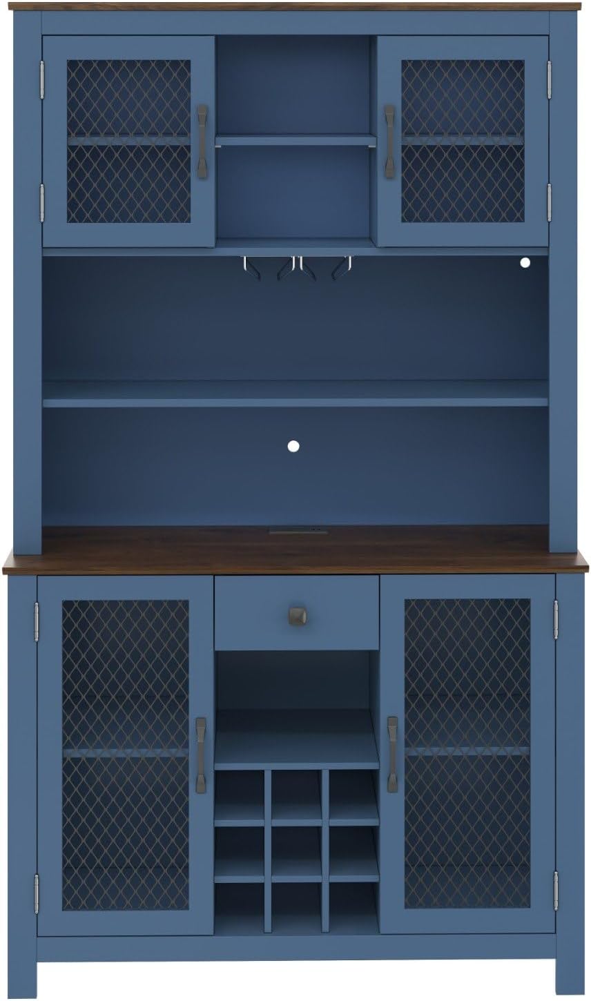 70.9" Kitchen Pantry Cabinet with LED Lights, Rustic Farmhouse Buffet Hu...