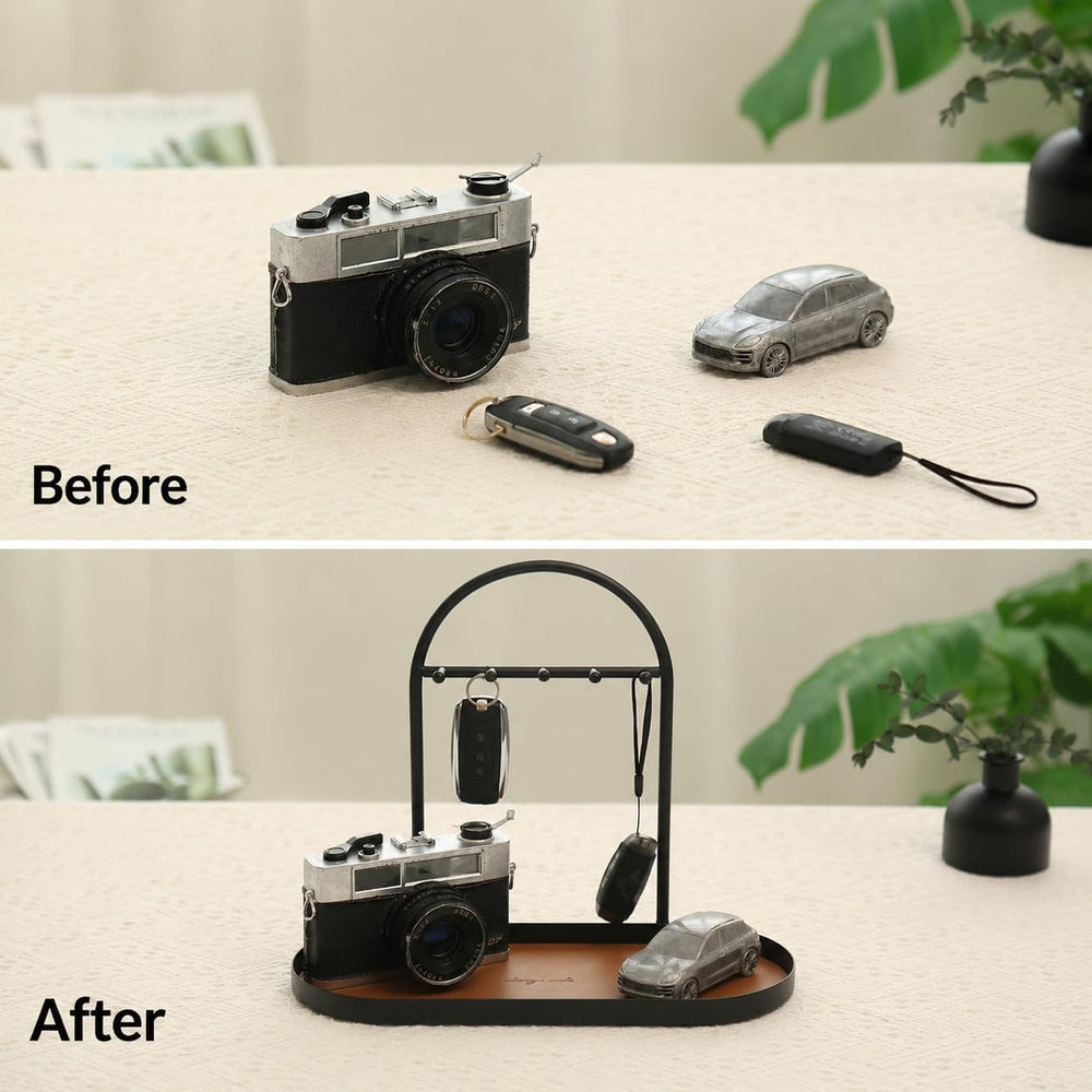 Shinpuru Key Holder Tray, Metal Stand with Leather Tray, 5 Hooks(Black) | Key...