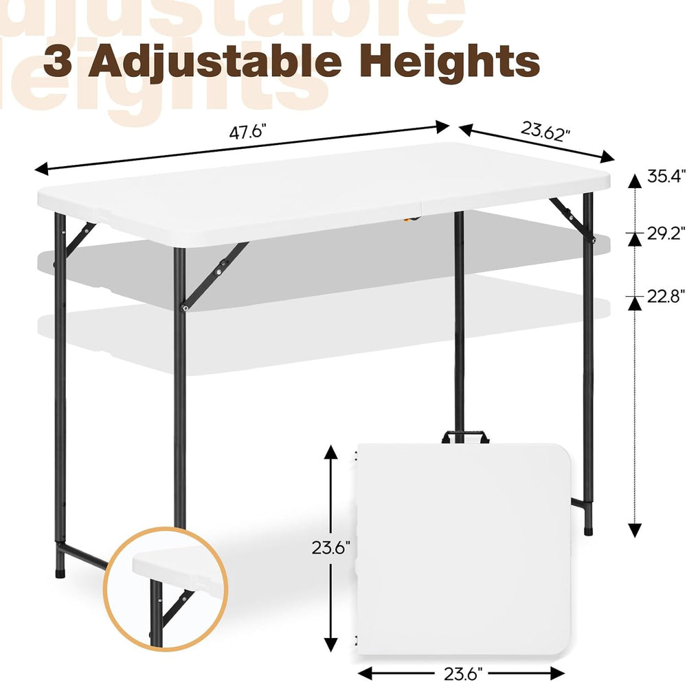 4ft Folding Table with Adjustable Height, 3-Level Foldable Table with HDPE To...
