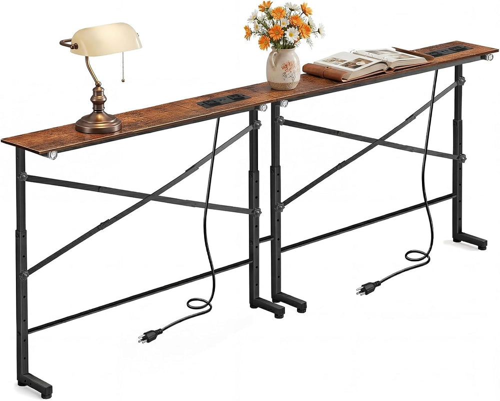 Adjustable Behind Couch Table with Outlets, Brown