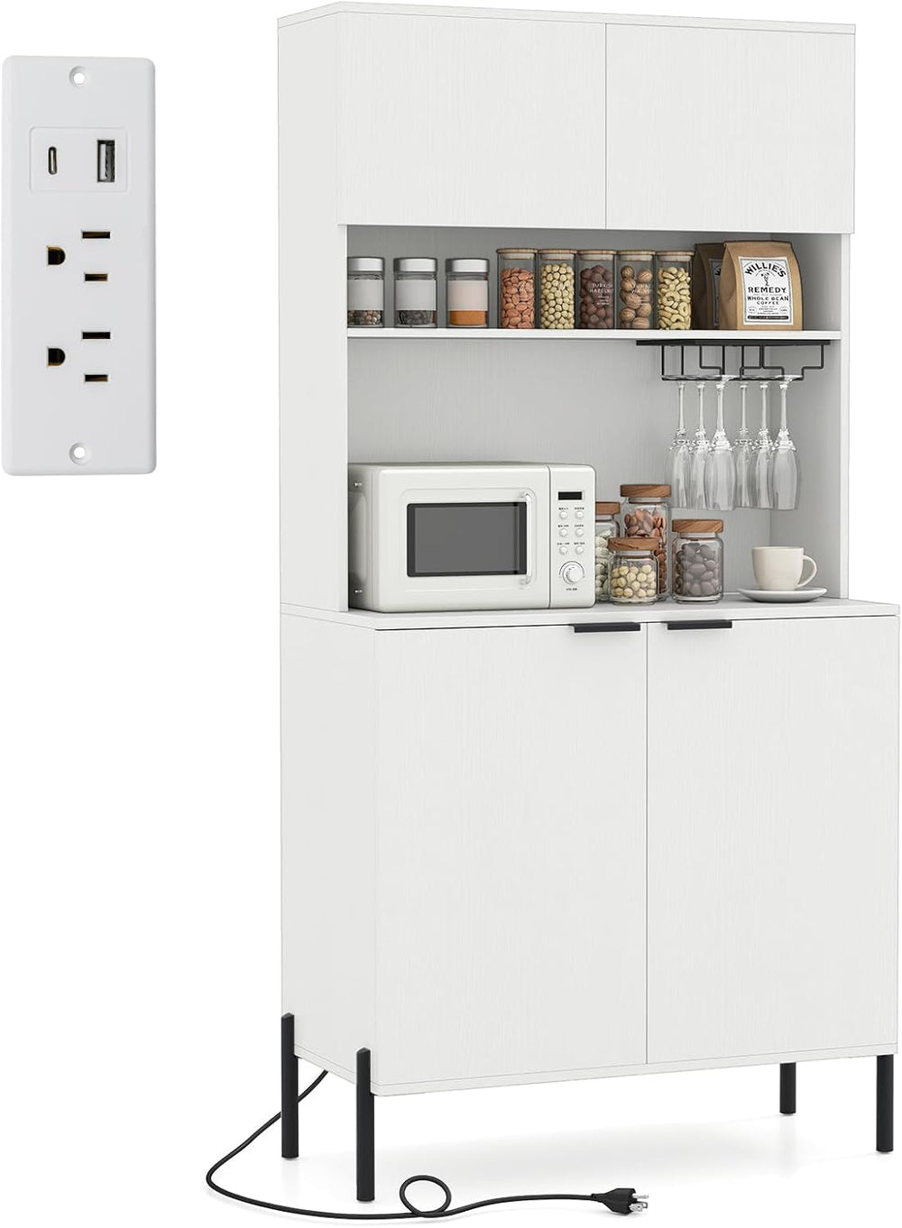 LOKO 64.5” Tall Kitchen Pantry Cabinet, Buffet Sideboard with Charging Statio...