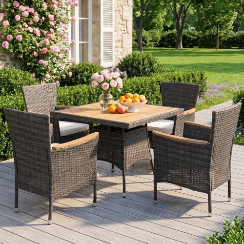 Wisteria Lane Rattan Patio Table and Chairs Set with Acacia Wood Tabletop