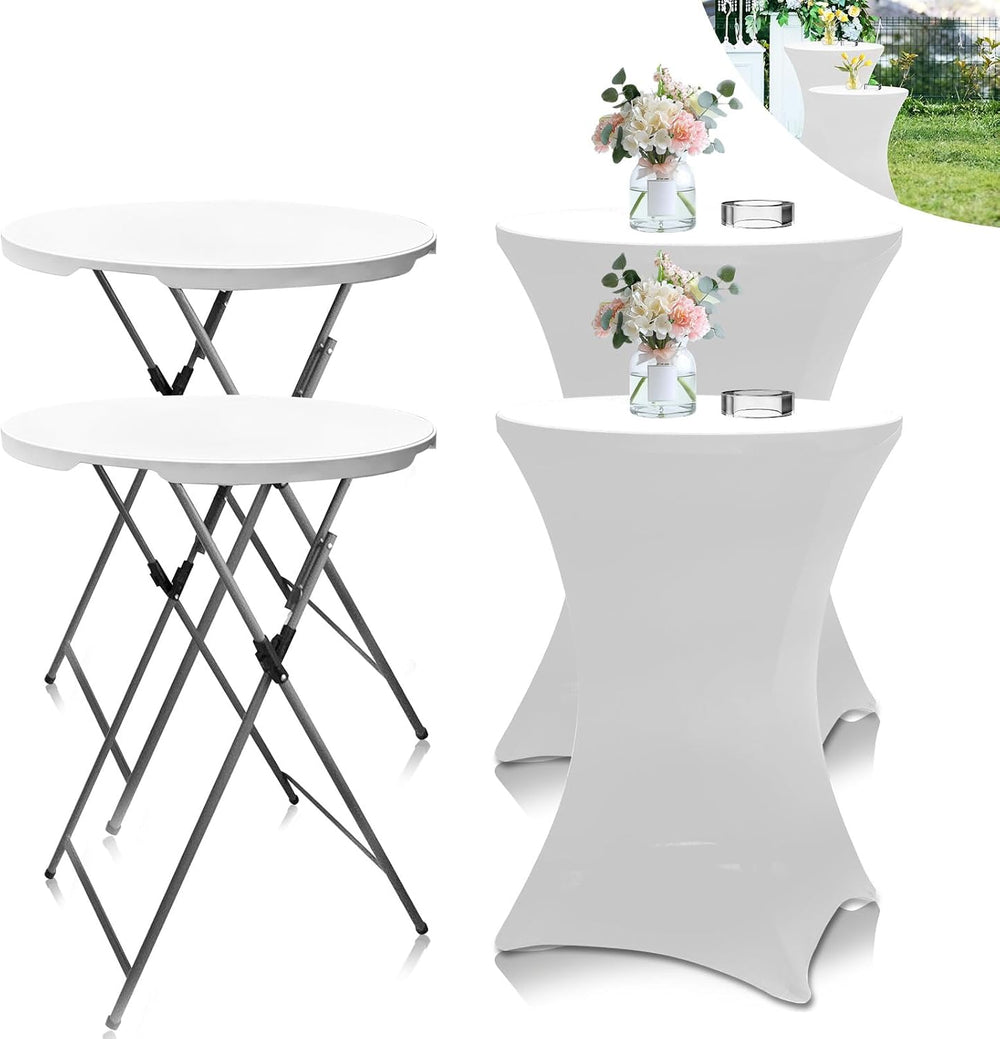 2 Pack 32in Round Bar Height Cocktail Table with 2 White Covers