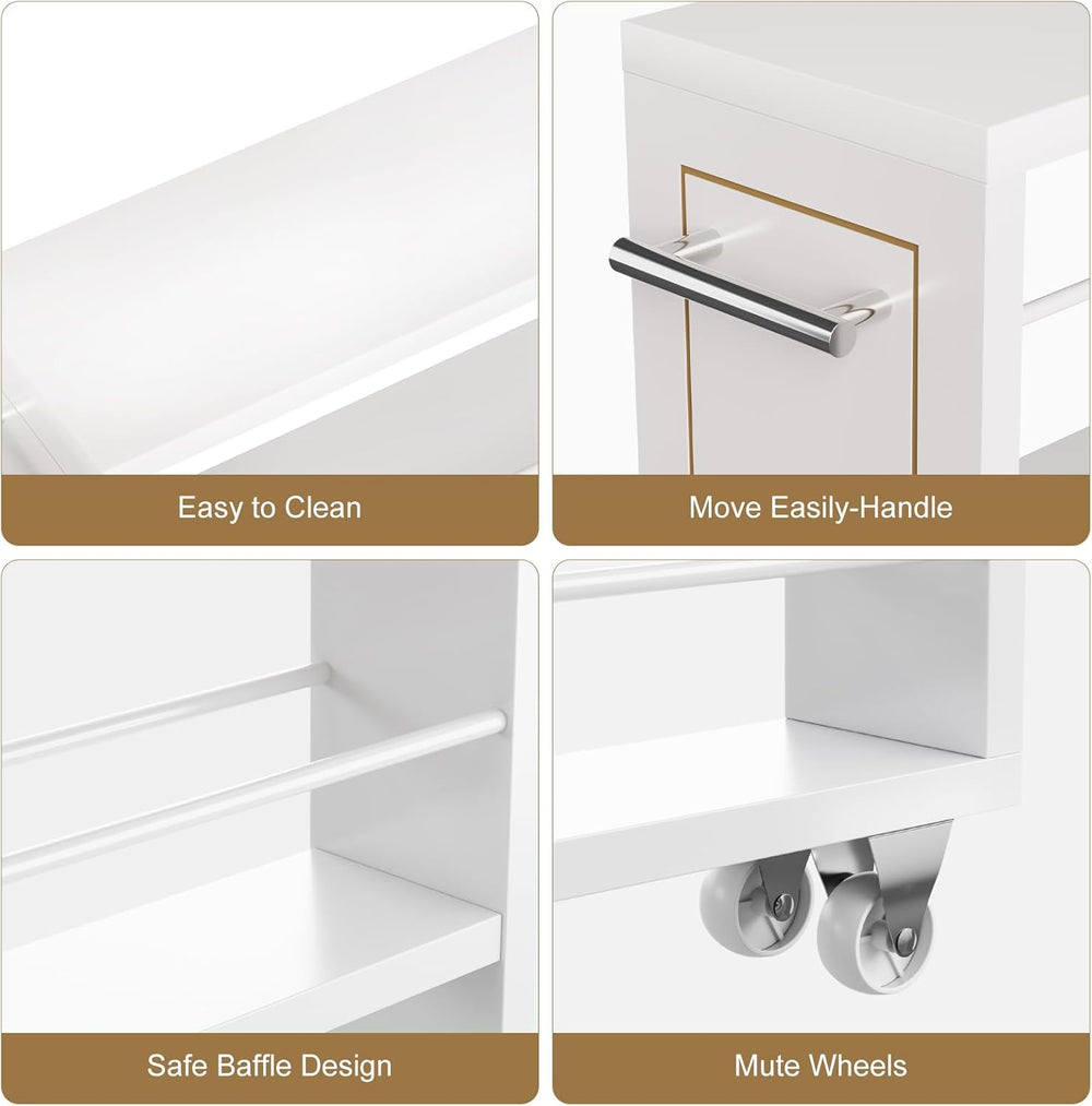 KLM 4 Tier White Slim Storage Cart with Handle, Slide Out Storage Rolling Uti...