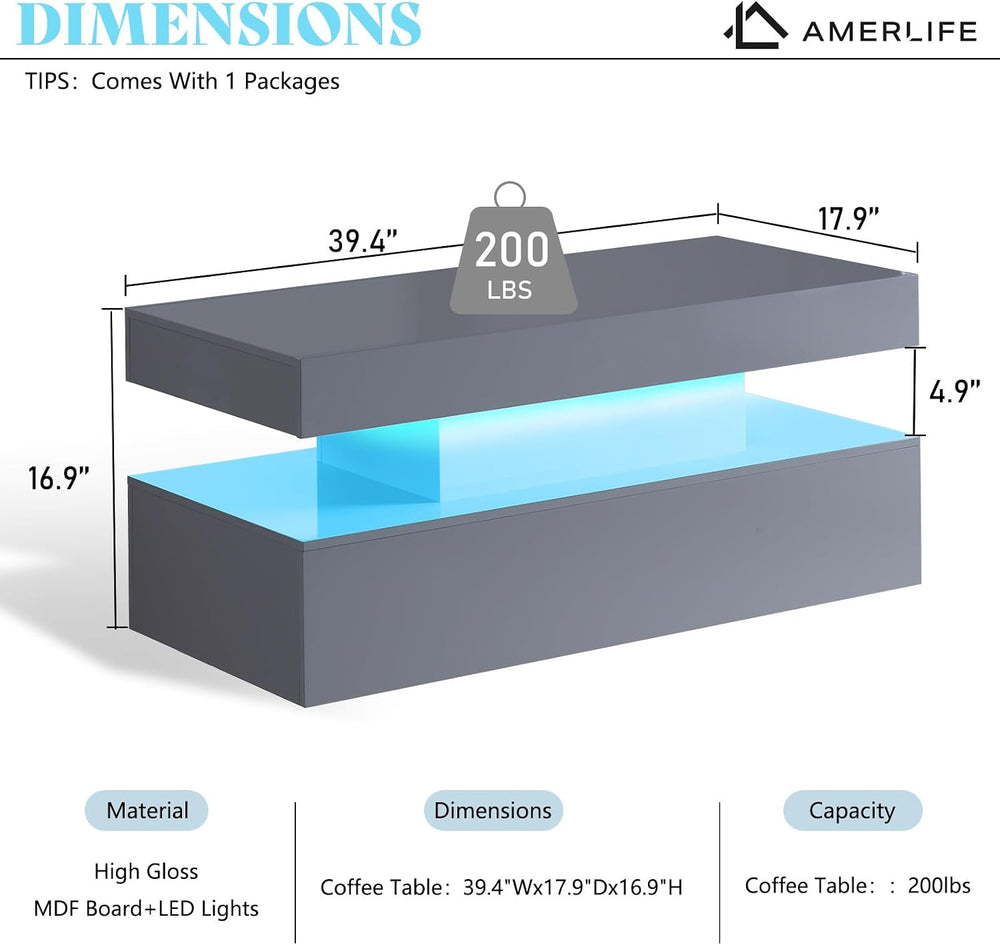 AMERLIFE 40" High Gloss LED Coffee Table with 2-Tier Storage