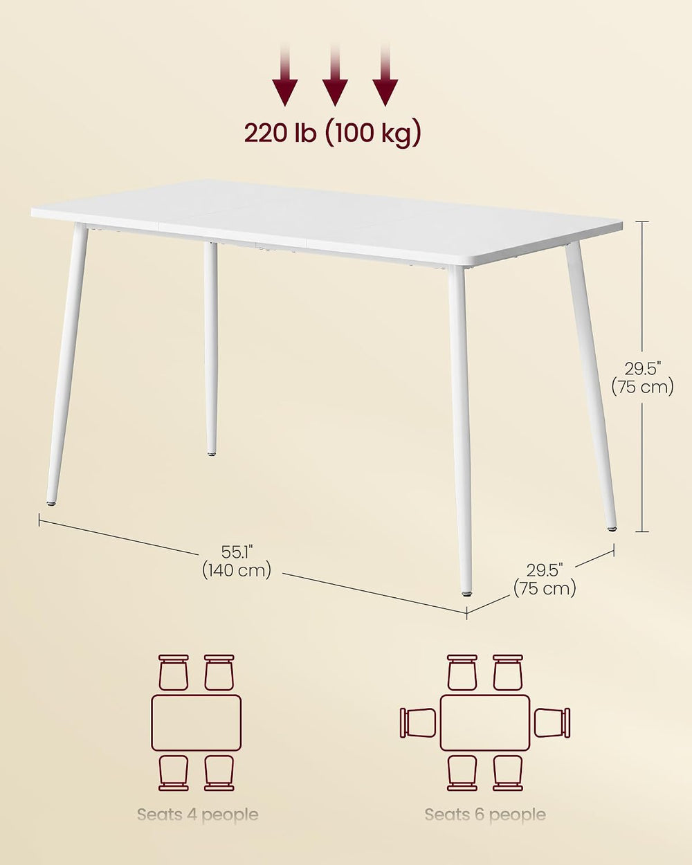 VASAGLE 55.1" Dining Table for 4-6 People, Modern Kitchen Table, Heat-Re...