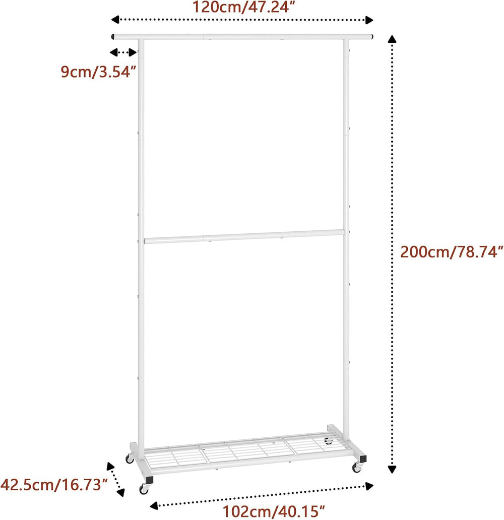 Sywhitta Double Rod Metal Clothing Rack on Wheels with Bottom Mesh,White