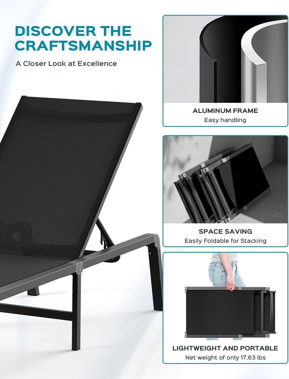 Ciokea Aluminum Chaise Lounge Ourdoor, Foldable & Assemble Free Outdoor L...