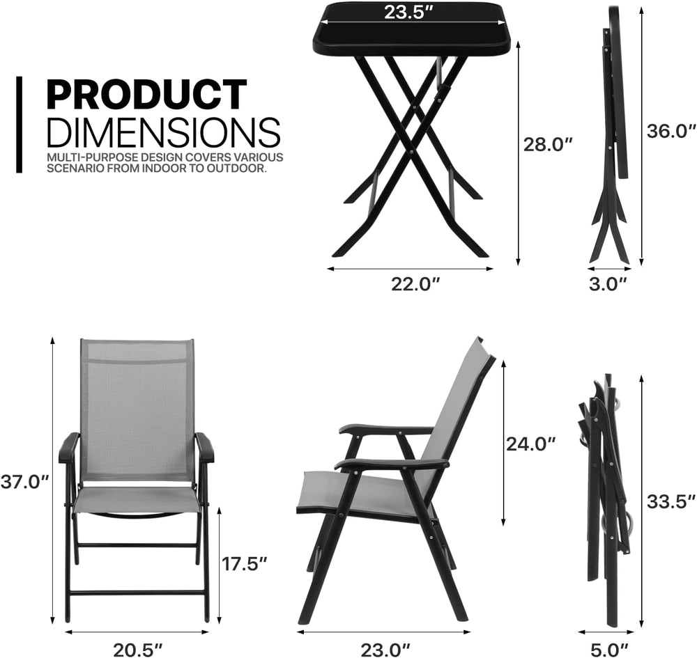 MoNiBloom 3 Piece Patio Bistro Dining Set, 2 Foldable Outdoor Chairs and Roun...