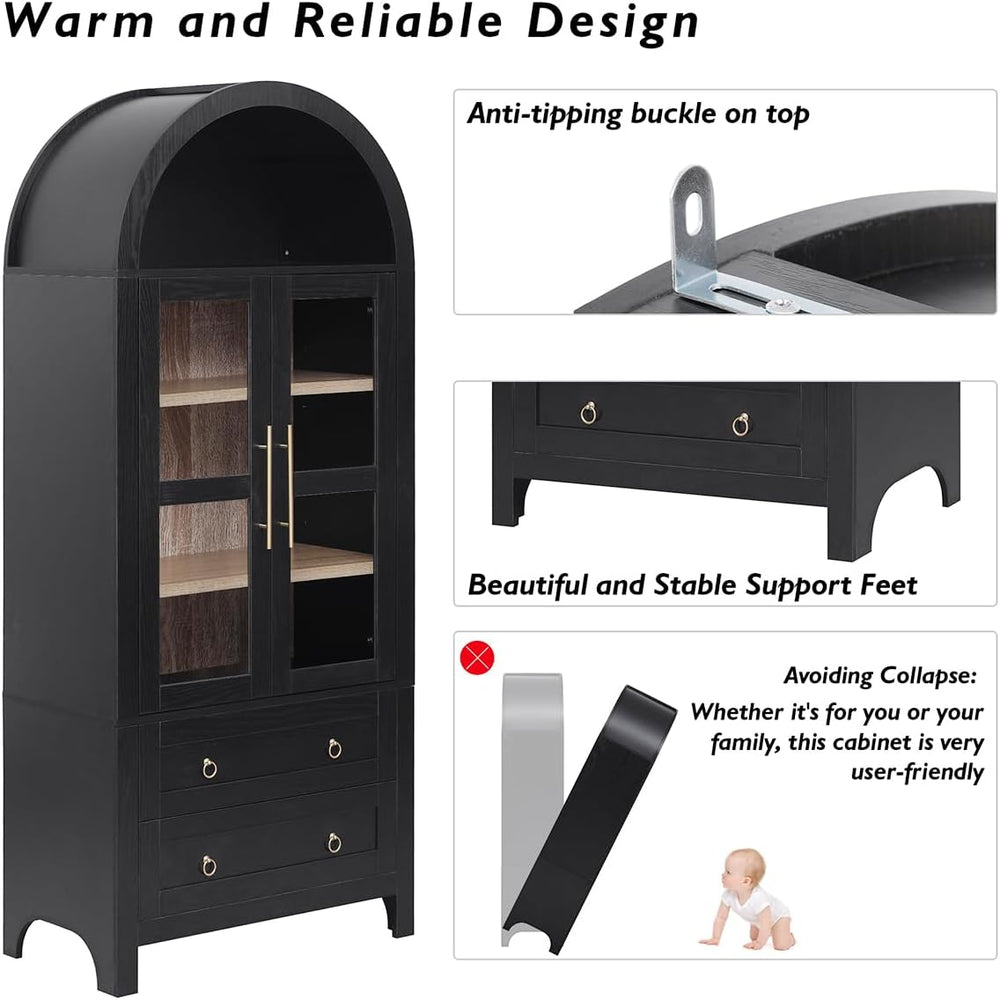 71" Tall Arched Kitchen Pantry Cabinet with 2 Large Drawers and Adjustab...