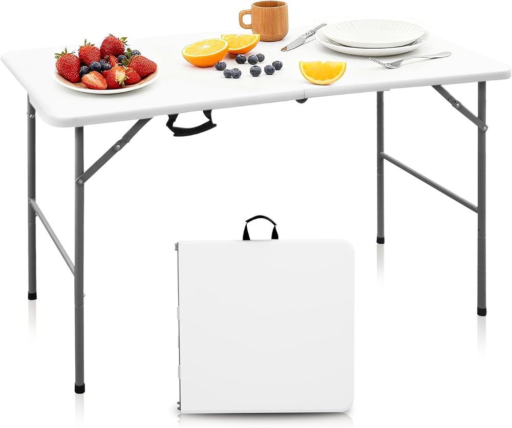4ft Portable Folding Table, Indoor Outdoor Plastic Dining Table w/Handle, Fol...