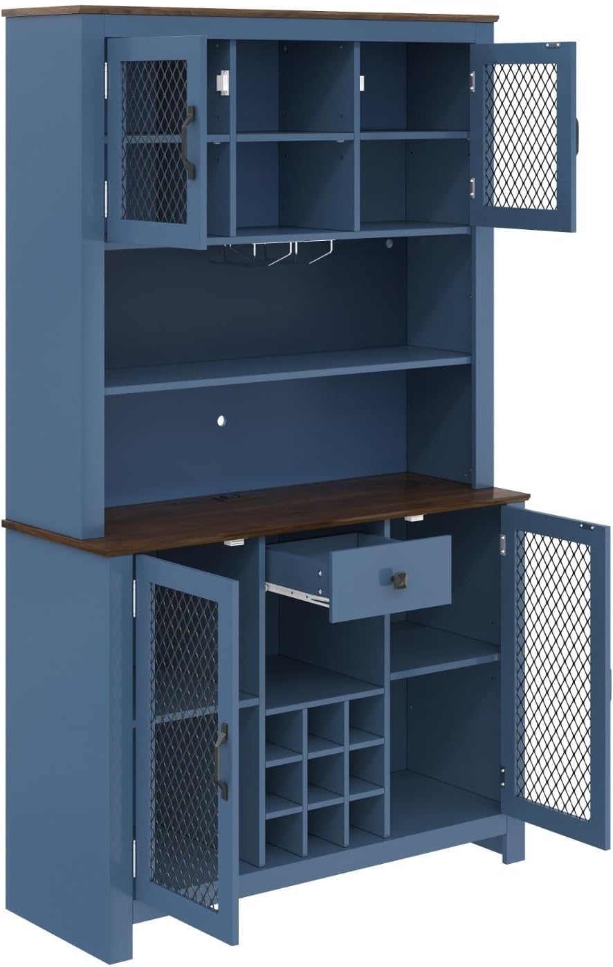 70.9" Kitchen Pantry Cabinet with LED Lights, Rustic Farmhouse Buffet Hu...