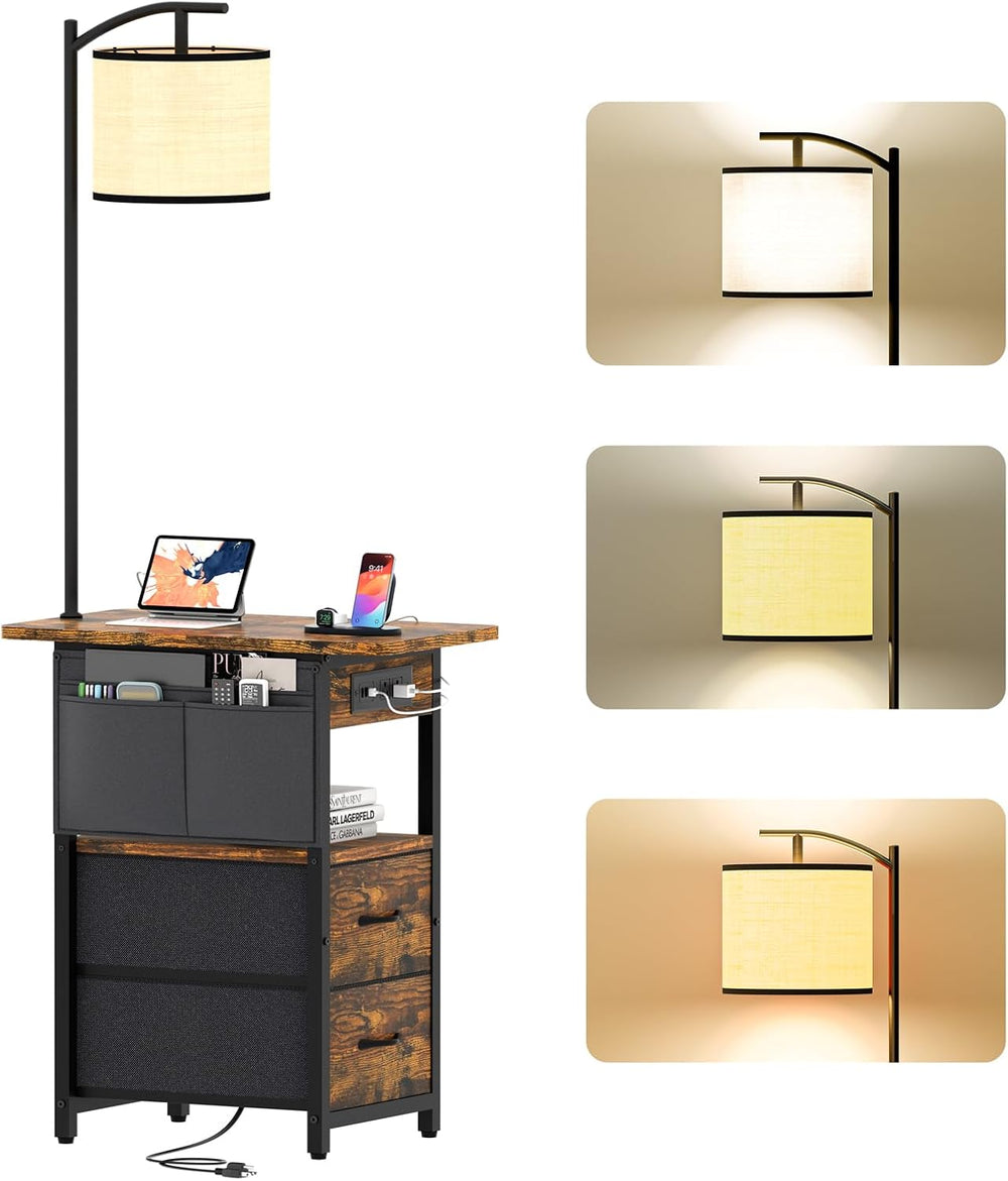 Floor Lamp with Table, Nightstand with Lamp, 2 Drawers, Charging Station
