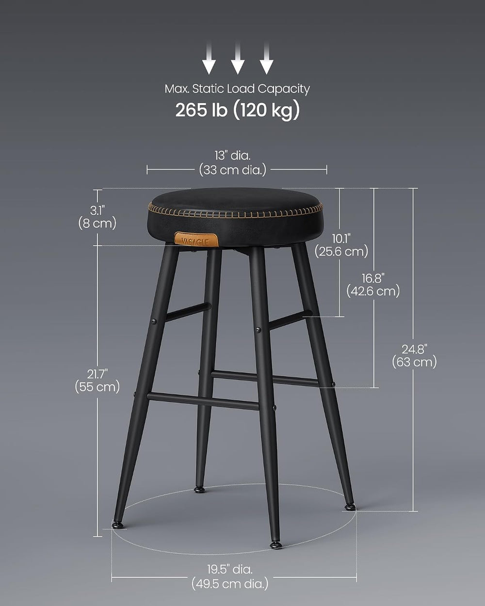 VASAGLE Bar Stools Set of 2, Kitchen Counter Stools, 24.8-Inch Tall