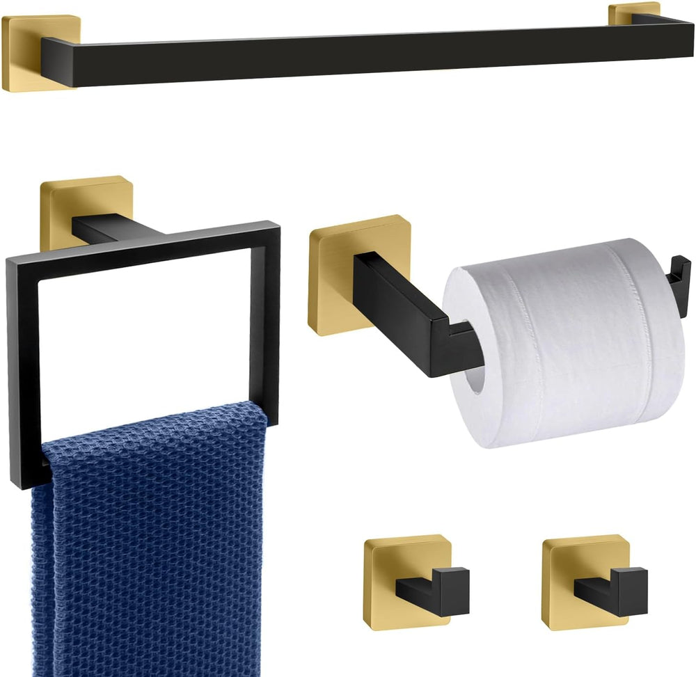 5 Piece Black and Gold Towel Bar Set - Gold and Black Bathroom Accessories wi...